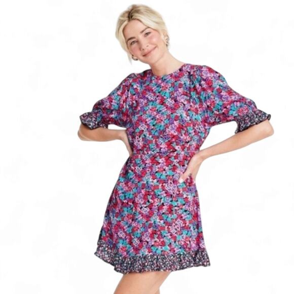 Rixo x Target Pink Multi Floral Ruffled Mini Dress Size 6 Wedding Guest Summer - Picture 1 of 9
